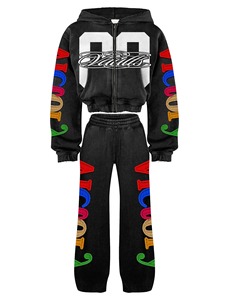 Multi Design Cropped <b>Zip</b> <b>Up</b> Hoodie & Pants Set | Streetwear Tracksuit Collection | Oversized Graphic Two Piece Set - Product Image 4