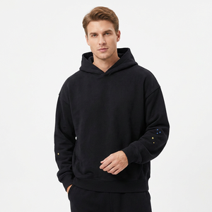 Sweat-shirt à capuche noir surdimensionné avec broderie d'étoiles en strass sur les manches, unisexe, décontracté, en coton tricoté, pour l'automne - Product Image 5