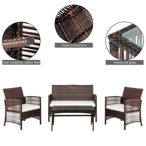 Set Divano da Esterno in Rattan PE e Ferro con 4 Pezzi: 1 Divano a Due Posti, 2 Poltrone Singole e 1 Tavolino da Caffè con Braccioli per Hotel - Product Image 3
