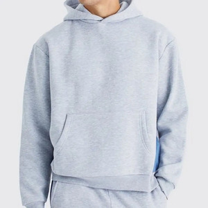 Ensemble de survêtement unisexe gris clair à capuche avec bandes latérales bleues, pantalon de survêtement et sweat-shirt en coton de couleur unie, décontracté et long - Product Image 2