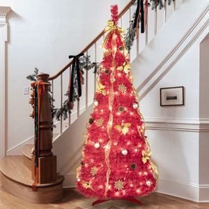 Albero di Natale Rosso 6 Piedi con 150 Luci LED Bianco Caldo, 4 Nastri, Fiocchi, Fiori, Fiocchi di Neve e Decorazioni in Pino - Product Image 5