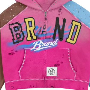 Sudadera con capucha rosa de mezclilla con cremallera para hombre, manga raglán, estampado de letras en patchwork, estilo streetwear lavado, top corto - Product Image 6