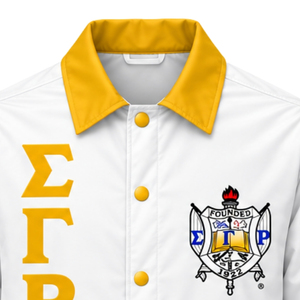 <b>White</b> Womens Varsity Jacket Gold Collar Greek Letter Snap <b>Button</b> Front Gold Blue Striped Long Sleeve Collegiate Outerwear Design - Product Image 2