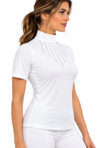 Chemise d'équitation blanche pour femme Horsekraft, manches courtes, haut de compétition, col haut, détail strass, dressage - Product Image 3