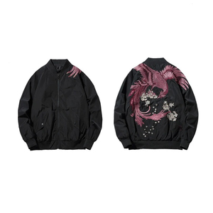 เสื้อแจ็คเก็ตบอมเบอร์สุดหรูสำหรับผู้ชาย รุ่นซูกะจัง ของที่ระลึก แฟชั่นสั่งทำพิเศษ ลายฟีนิกซ์สี่ตัวในตำนาน ผ้าแคนวาสแบบกลับด้านได้ แห้งเร็ว ดีไซน์ด้านหน้าสูง - Product Image 2