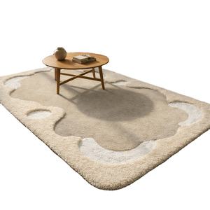 Tapis en laine de forme organique, tapis à poils longs et courts beige crème, tapis modernes pour salon, tapis tufté fait main, tapis sculpté neutre - Product Image 2