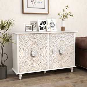 Buffet en bois sculpté vintage de 48 pouces avec 4 portes, grand espace de rangement, armoire décorative pour salon - Product Image 1