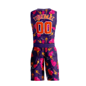 Basketball-Uniform-Set Lila Rosa Blitz-Print Sublimations-Trikot Shorts Erwachsene Unisex Atmungsaktiv 100% Polyester OEM - Product Image 2