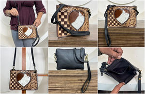 Wholesale New Hand <b>Tooled</b> <b>Leather</b> Crossbody Bags Hair On Cowhide Heart Western Checkered <b>Leather</b> Wristlet Handbags Mini Purses - Product Image 3
