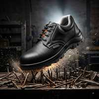 Chaussures de sécurité noires pour hommes à embout d'acier, anti-choc, anti-perforation, respirantes, en cuir, semelle extérieure en PU, pour l'exploitation minière, l'usine et l'atelier
