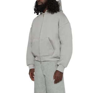 Men's Oversized Hooded Zip-Up Sweatshirt Solid Light Gray Cotton French Terry Casual Autumn Fit Regular Length Hoodies Men - Product Image 5