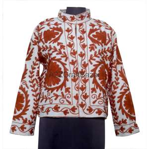 Chaqueta Bomber de Algodón Tejido Suzani con Cuello en V para Mujer, Bordada con Volantes, Estilo Vintage Floral, Ecológica, Transpirable, de Secado Rápido, para Invierno - Product Image 1