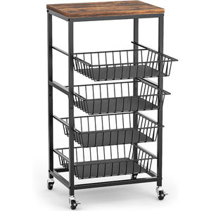 Étagère de rangement moderne pour petite cuisine sur roulettes, chariot roulant en métal avec plateau en bois et paniers en fil métallique pour l'organisation de la cuisine - Product Image 2