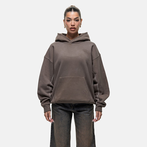 Sweat-shirt à capuche surdimensionné pour femme, couleur unie, épaules tombantes, en mélange de coton et polaire, pull décontracté pour l'automne - Product Image 5