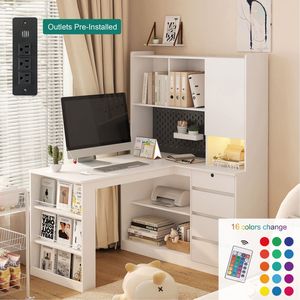 Modern LED Light L-Shaped Desk with Charger Drawers Bookshelf for Home <b>Office</b> <b>Computer</b> Desk by 'L Shaped St' - Product Image 4