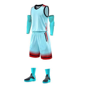 Ensemble de maillot de basketball pour garçons imprimé par sublimation, sans manches, col en V, dégradé bleu-rouge, avec short athlétique anti-humidité et manchons de bras - Product Image 5