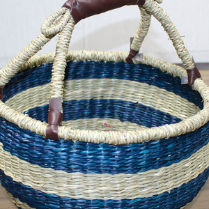 Rustic Natural Rattan Storage Basket With Handle <b>Blue</b> And Cream Striped Bowl Shape Multi Purpose - Product Image 6