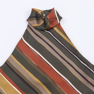 Blusa sin mangas informal personalizada para mujer, de satén de seda, con cuello halter a rayas, cuello simulado alto y bajo asimétrico - Product Image 6