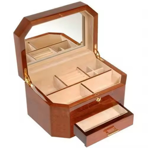 Caja de Joyería Octogonal de Madera con Espejo y Cajón, Acabado en Laca de Alto Brillo, Organizador de Joyería de Madera Sólida, Decoración Elegante - Product Image 1
