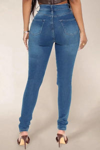 Jean en denim stretch taille haute skinny pour femme, 100 % coton, délavage clair vintage, idéal pour l'hiver – Meilleur prix - Product Image 3