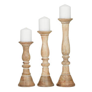 Juego de 3 candelabros de pilar de madera de mango hechos a mano de calidad superior para decoración de hogar y fiesta portavelas de madera rústica - Product Image 2