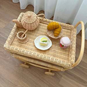 <b>Children</b> toy serving trolley carts wooden baby play cart toys hand weave rattan <b>tea</b> trolleys - Product Image 2