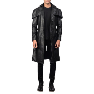 Manteau trench-coat en cuir véritable noir pour homme, longueur genou, simple boutonnage, col chemise - Product Image 1