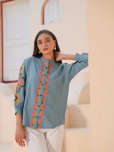 Camisa de Poliéster Azul Polvo Bordada de la Mejor Calidad, Estilo Blusa, para Oficina y Ocasiones Formales, Disponible al Mejor Precio para el Comprador - Product Image 5