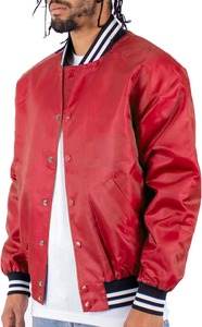 <b>Men's</b> Red Varsity <b>Jacket</b> Turn-down Collar Button Closure Casual Style Autumn Wear Regular Fit Solid Color Polyester Material - Product Image 2