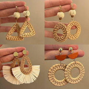 Trendy Boho Style Handmade Rattan Dangle <b>Earrings</b> Women Lightweight Geometric Drop Wicker Crafts Made Vietnam TUYET DUNG Wedding - Product Image 5