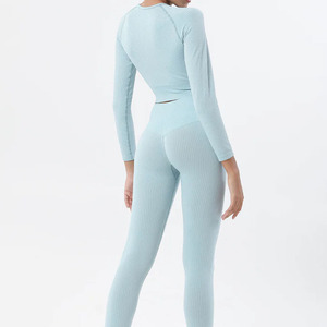 Conjunto de Yoga Acanalado de 2 Piezas: Leggings de Cintura Alta y Top Corto, Ropa Deportiva de Color Liso, Spandex y Poliéster Sin Costuras, Largo Completo - Product Image 4