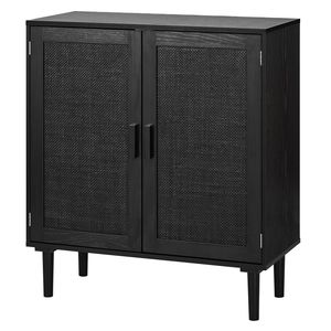 Mobiletto in Rattan con Ripiani Regolabili e 2 Ante Magnetiche, Credenza Decorativa con Gambe in Legno per Soggiorno - Product Image 1