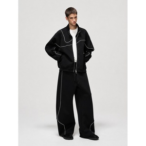Survêtement en molleton vert pour homme avec veste zippée à coutures blanches et pantalon ample, tenue décontractée pour l'automne - Product Image 2