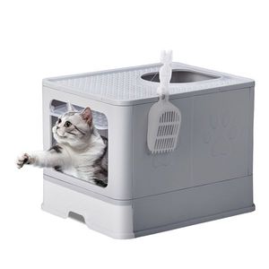 Grande lettiera grigia per gatti coperchio staccabile facile da pulire ingresso anteriore superiore uscita paletta vassoio scorrevole chiuso accessorio per toilette per gatti - Product Image 4