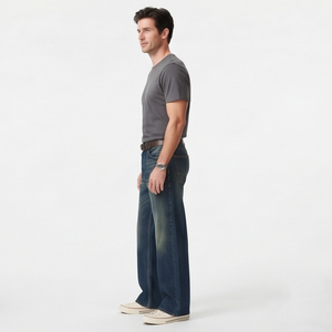<b>Men's</b> Stonewashed Cotton Denim Flare <b>Jeans</b> Mid Waist Button Fly Casual Wear Straight Fit Washed Blue <b>Jean</b> Pants - Product Image 5