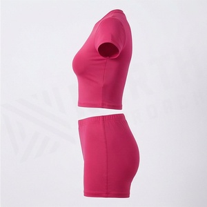 Women's 2 Piece Sporty Set Short Sleeve <b>Crop</b> <b>Top</b> and Above Knee Shorts Solid <b>Pink</b> Knitted Breathable Activewear - Product Image 3