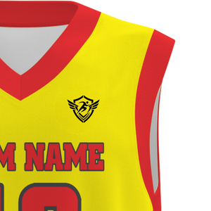 Ensemble de maillots de basket-ball personnalisés, jaune et rouge, impression par sublimation, nom de l'équipe, 48, polyester respirant, uniforme unisexe pour adultes - Product Image 3