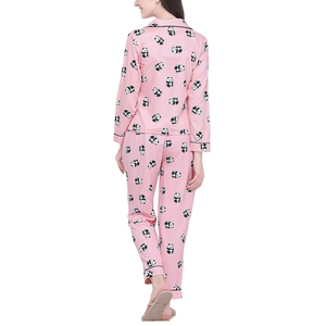 Pyjama en coton rose à imprimé panda pour femme, ensemble de nuit à manches longues avec boutons sur le devant, motif dessin animé mignon, pantalon taille mi-haute longueur cheville - Product Image 3