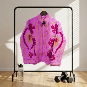 Veste en tricot Suzani pour femme Silkgram, couleur violette, col montant, motif floral, respirante, coupe-vent, 100% coton, cardigan, manteau d'automne - Product Image 2