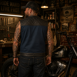 เสื้อกั๊กยีนส์ผู้ชายแบบ Biker แต่งหนัง PU คอตั้ง ปิดด้วยซิป เสื้อนอกสำหรับฤดูหนาว บุด้วยใยโพลีเอสเตอร์ - Product Image 5