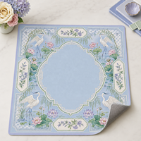 Tapis de Mahjong et de Poker Américain Personnalisé de Luxe en Néoprène Premium Bleu Chinoiserie Grue Lotus 33 Pouces – Coffret Cadeau Écologique de Boutique