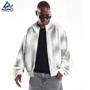 Sudadera con capucha para hombre al por mayor con cremallera completa, diseño degradado pulverizado, tachuelas metálicas y detalles de perlas, forro polar - Product Image 3