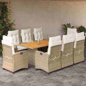 Conjunto de Comedor de Jardín de Ratán Beige con Cojines, Muebles de Exterior para 8 Personas, Mesa de Madera de Teca, Diseño Contemporáneo - Product Image 3