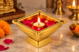 Handcrafted Brass Square Diya Decorative <b>Oil</b> <b>Lamp</b> Traditional Puja Deepak Aarti Prayer Light Beaded Rim Pedestal Home - Product Image 4
