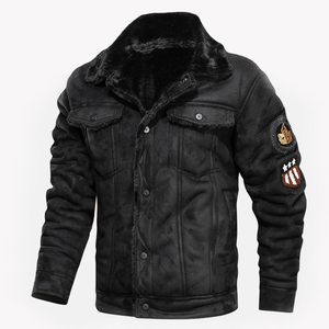 Men's Vintage Distressed <b>Fleece</b> <b>Lined</b> Stand Collar Front Logo Bomber <b>Jacket</b> Aviator Pilot Winter Coat - Product Image 3