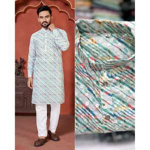 POULET EN COTON FANTAISIE AVEC SEQUENCE TRAVAIL HOMME KURTA PAYJAMA SKY - Product Image 1