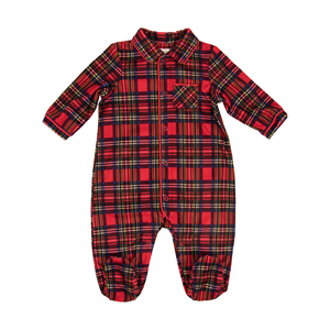 Mono de Bebé Festivo a Cuadros Rojos para Primavera, Diseño Clásico con Bolsillo en el Cuello, 100% Algodón Orgánico, Cierre con Broches, Mono Unisex con Pies - Product Image 1