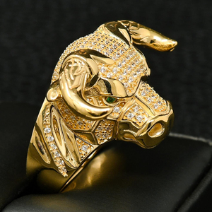 Anillo de Lujo con Cabeza de Toro para Hombre, Chapado en Oro, con Diamantes CZ, Anillo de Animal, Joyería Hip Hop - Product Image 2
