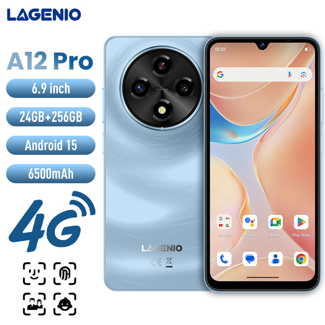 LAGENIO A12 Pro Smartphone 8GB+256GB 6500mAh 50MP Main Camera T7250 Android 15.0 Face and Fingerprint Unlock Energy Saving