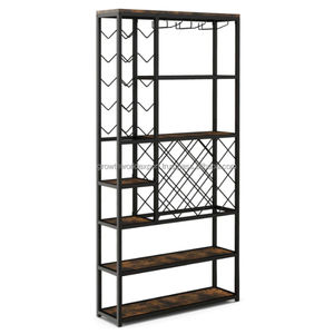 Range-bouteilles autoportant moderne en bois massif et métal Costway |   Étagère de présentation au sol avec supports en verre, 3 niveaux, pour le rangement du bar à domicile - Product Image 4